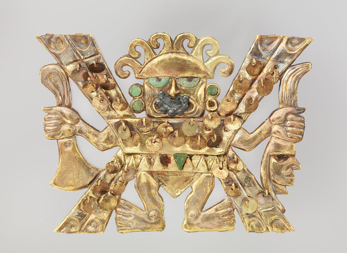 Nose ornament with decapitator, Moche artist(s), Gilded copper, silver, green stone, brown stone inlays, Moche
