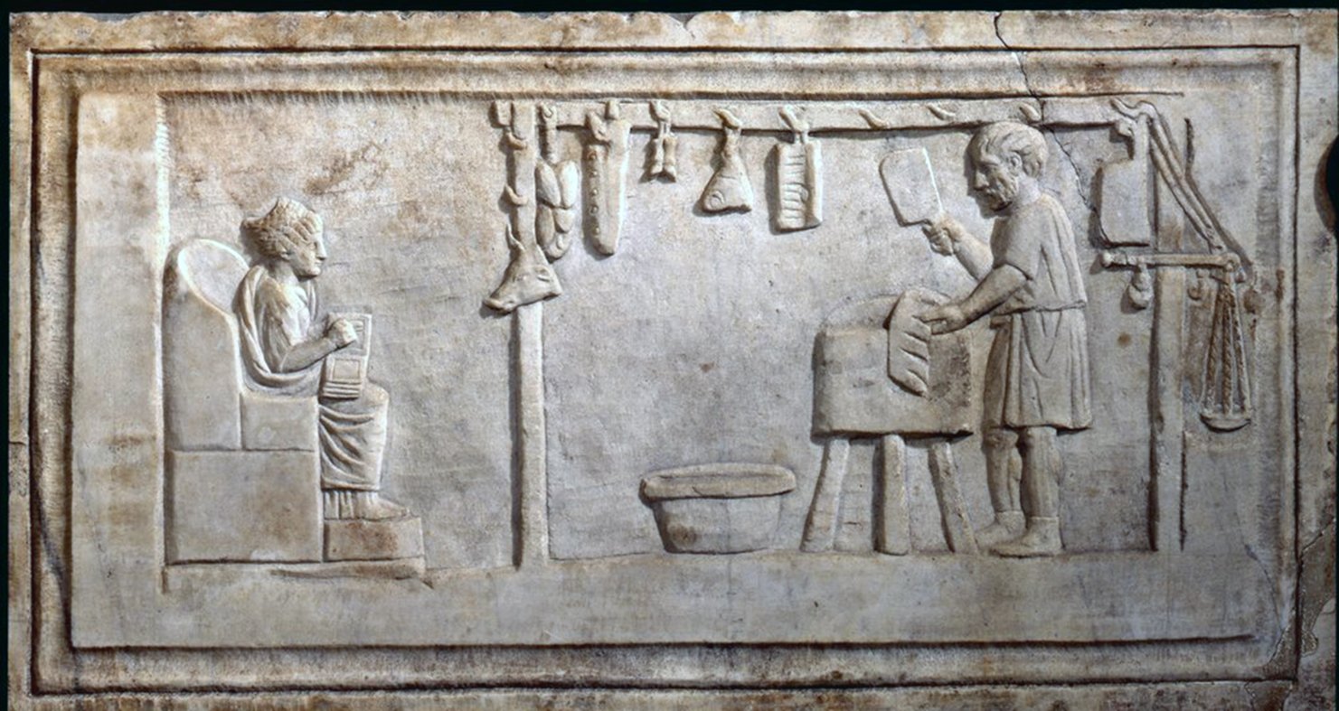 Ostia Antica HISTORY on X: "Funerary relief of Roman butchers - the butcher Tiberius Julius Vitalis in action and posing for the eternity - A Roman butcher with hanging cuts of meat -