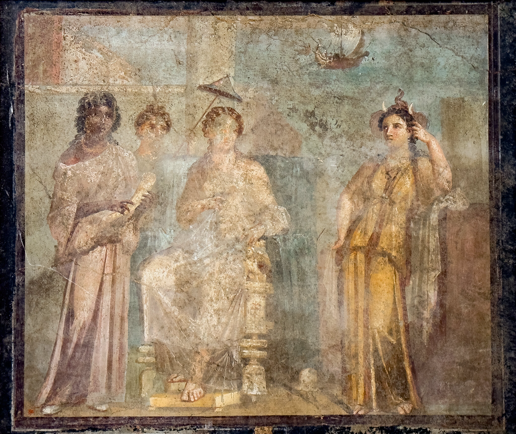 Unknown Artisan, "Fresco depicting the abandonment of Queen Dido," House of Meleager, Pompeii (VI 9, 2-13. atrium 2), now at the Museo Archeologico Nazionale, Naples (MANN inv. 8898) (Photo by Stephen Chappell via Flickr). In his caption, Chappell notes: "Dido is on a white and gold throne, shaded with an umbrella, and she turns to the woman at the right, the personification of Africa, wearing an elephant headdress. Queen Cleopatra Selene - daughter of Cleopatra VII and Mark Antony, wife of King Juba II of Numidia - was also depicted wearing this headdress, as was Alexander the Great."