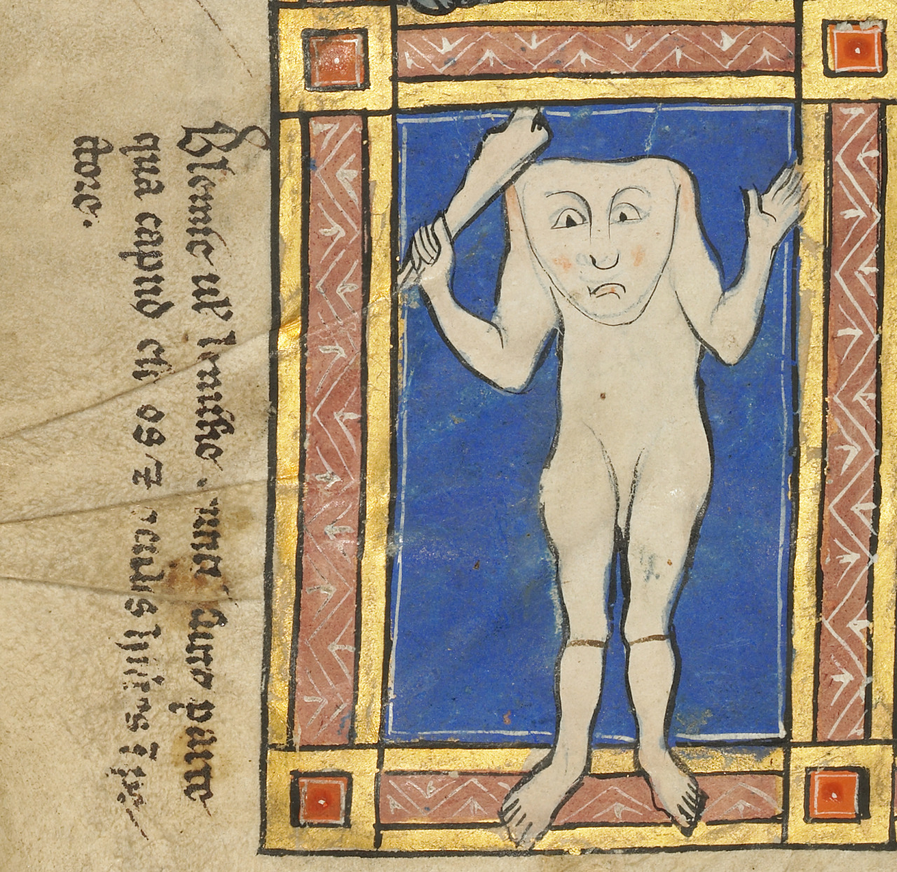 Unknown Illuminator, Bestiary, Thérouanne (formerly Flanders),detail showing a Blemmye. Now at the J. Paul Getty Museum, Los Angeles, CA, USA (Getty Open Content), ca. 1277 CE, now in Los Angeles, The J. Paul Getty Museum, MS. Ludwig XV 4, fol. 117v. (Getty Open Content).