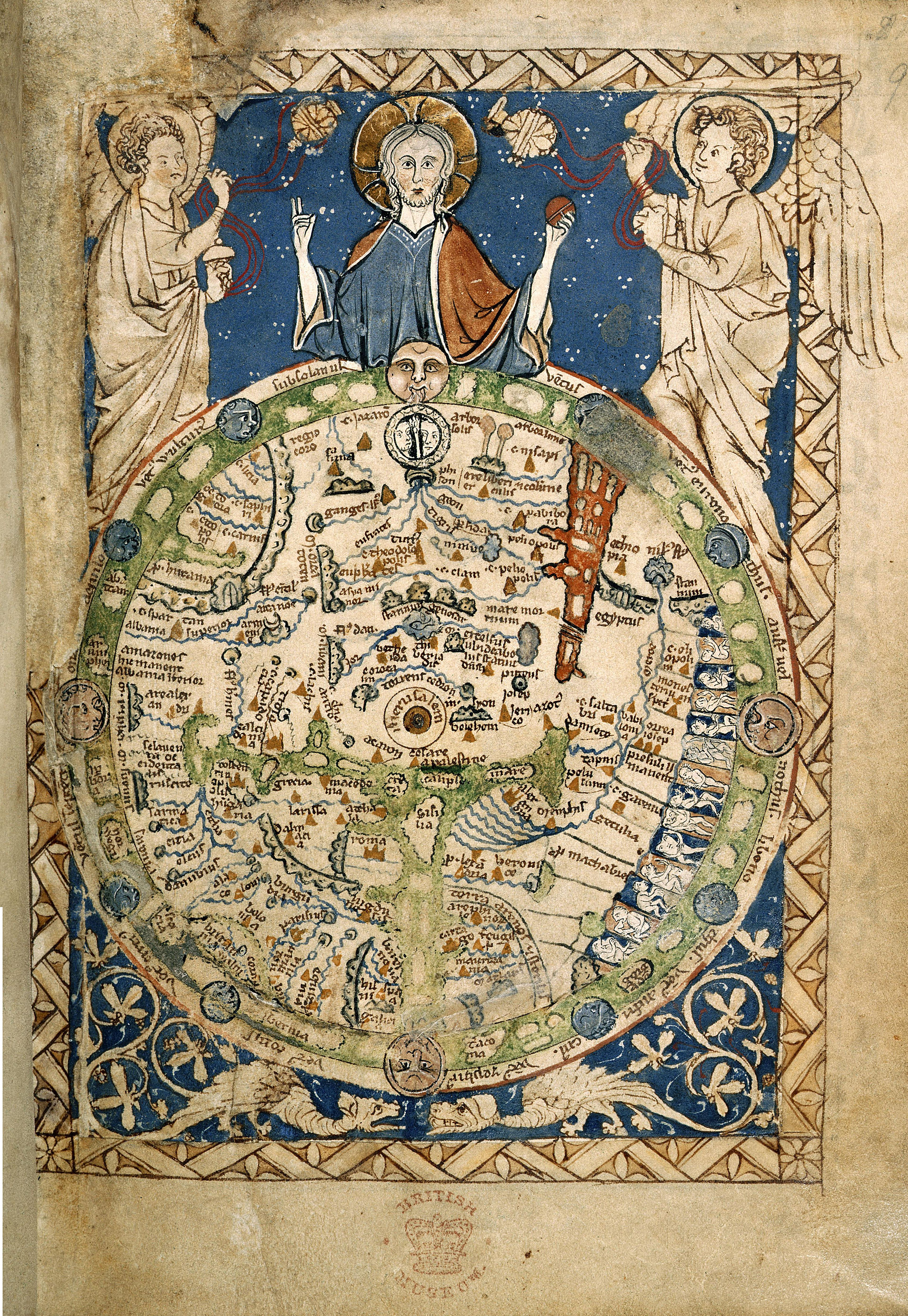 Unknown Illuminator, "Psalter World Map," (Jerusalem is in the center) England, c. 1265 CE, Add MS 28681, f. 9r, now at the British Library, London, UK (Wikimedia).