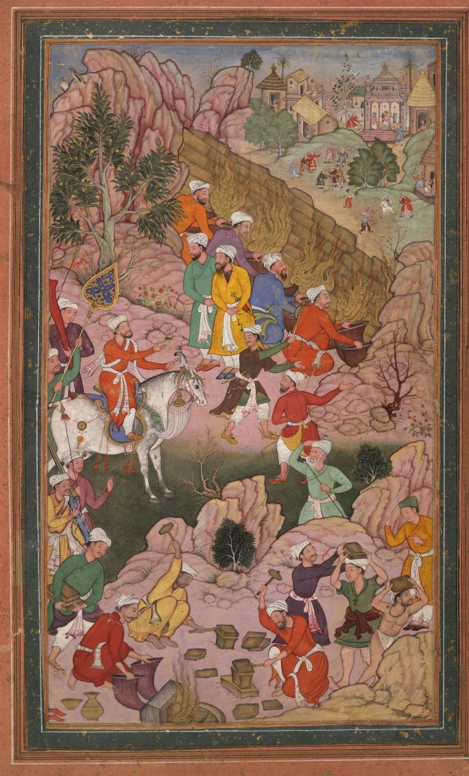 Unknown Illuminator, "Alexander (Iskandar) building the brazen wall against the people of Gog and Magog," pigment and paper, probably from a Khamsa of Nizami manuscript, 1590-1600 CE, now at the British Museum, London, UK (Wikimedia).