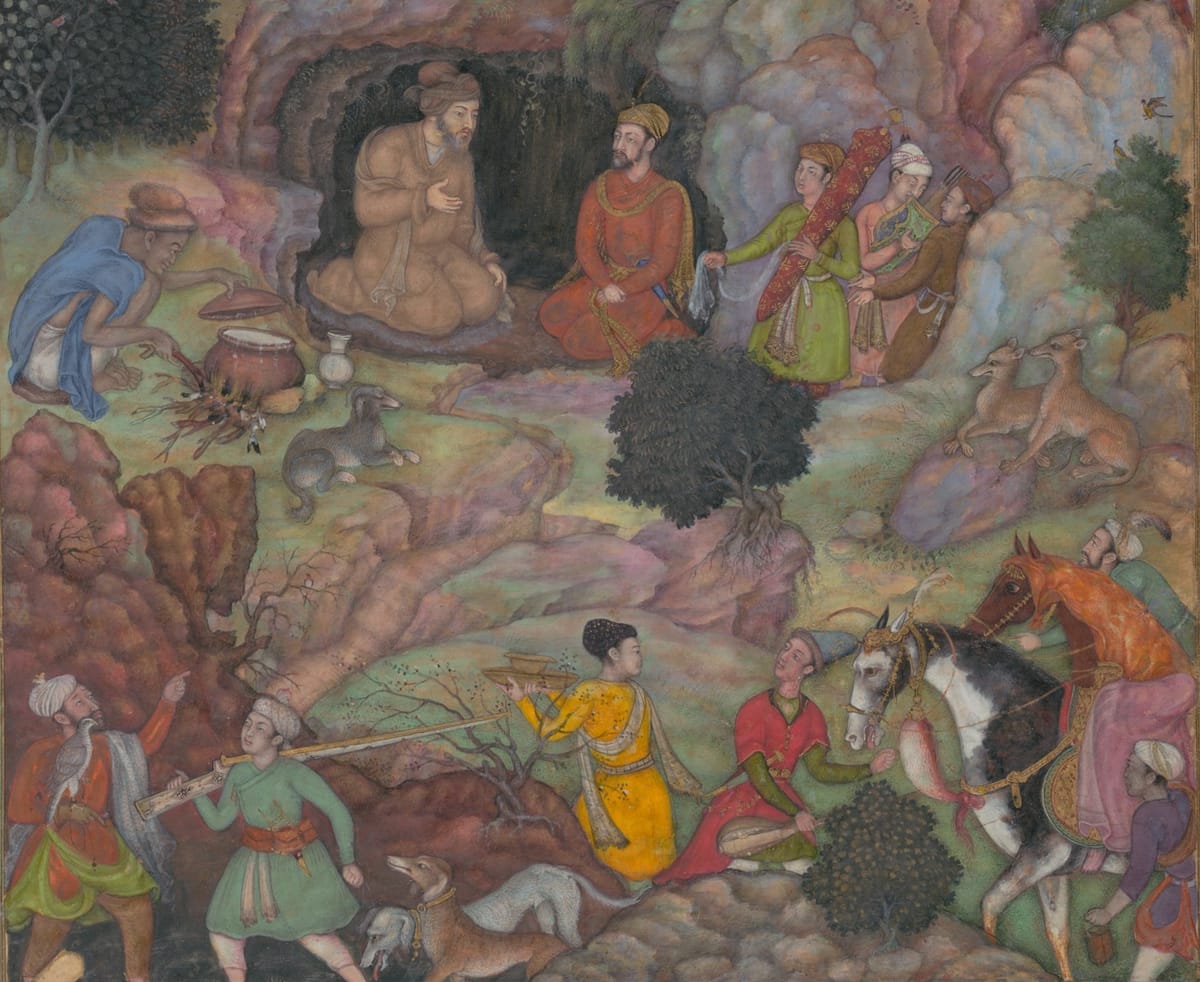 Painting attributed to Basawan, "Alexander Visits the Sage Plato in his Mountain Cave," Folio from a Khamsa (Quintet) of Amir Khusrau Dihlavi (1253–1325 Delhi), 1597–1598 